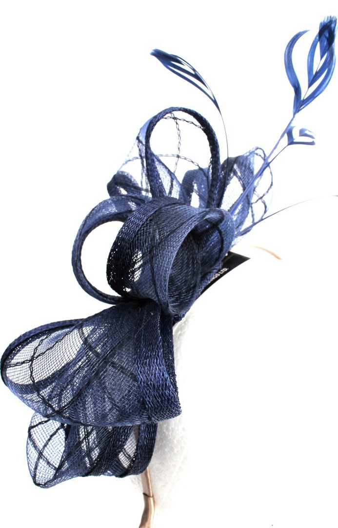  Fascinator w gorgeous sinamay bow and feathers. In elegant NAVY Style : HS3012/NVY image 0